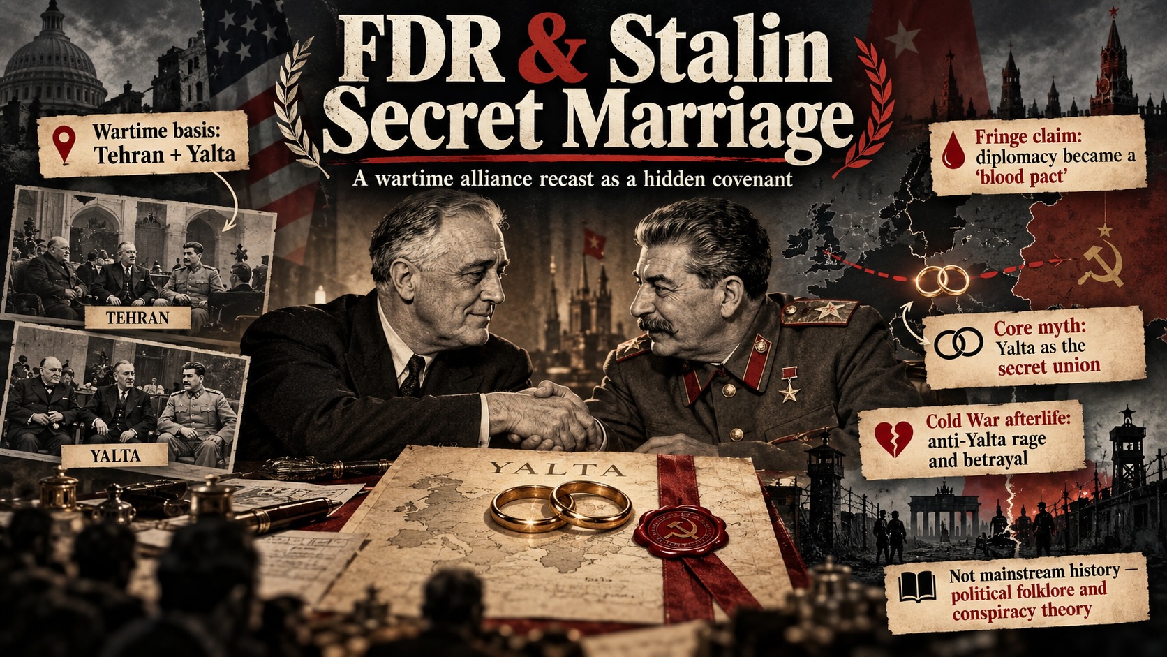 FDR and Stalin Secret Marriage conspiracy theory infographic showing Roosevelt and Stalin, Yalta, Tehran, wartime diplomacy, and Cold War symbolism.