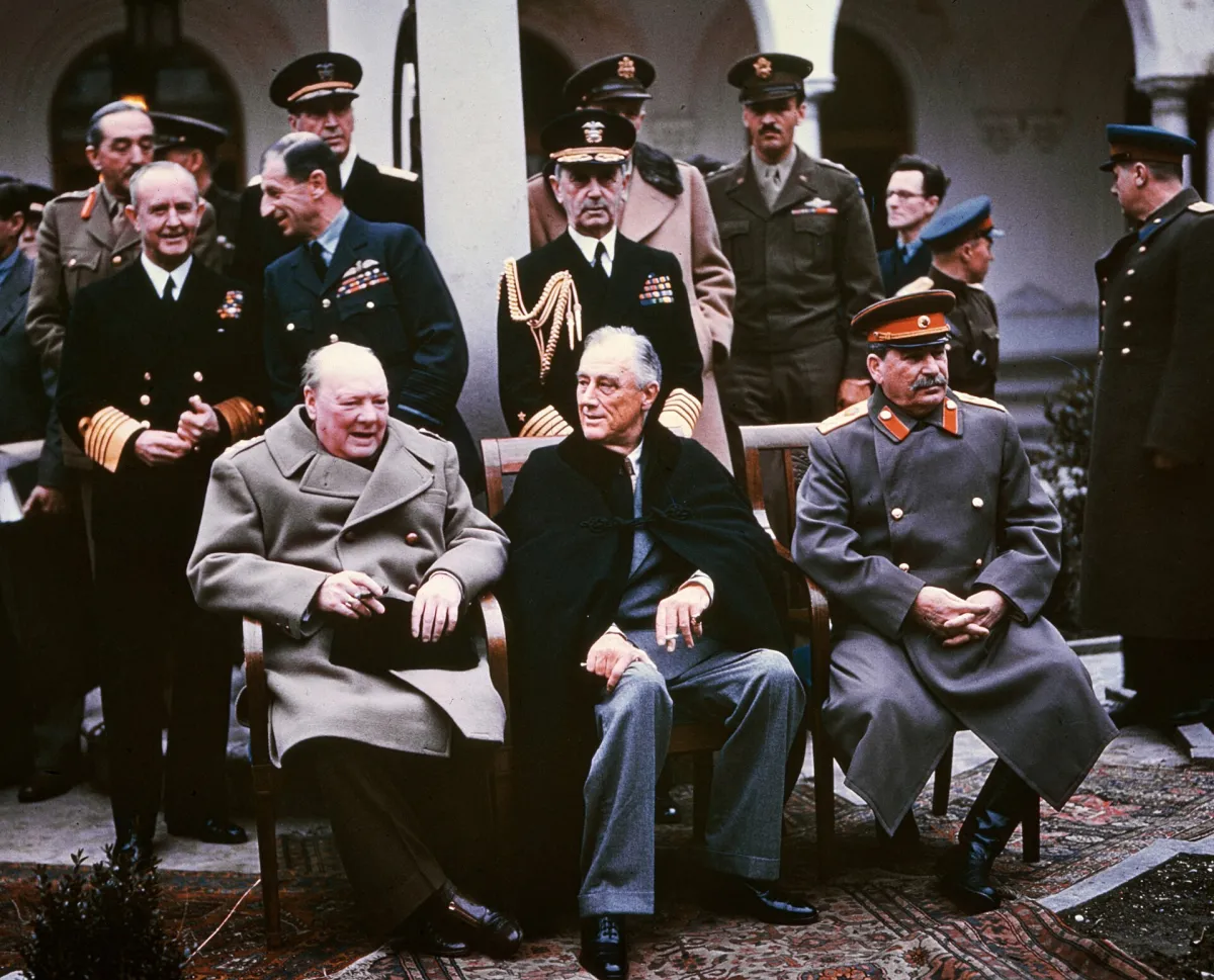 Yalta summit in February 1945 with (from left to right) Winston Churchill, Franklin Roosevelt and Joseph Stalin. Also present are USSR Foreign Minister Vyacheslav Molotov (far right); Field Marshal Alan Brooke, Admiral of the Fleet Sir Andrew Cunningham, RN, Marshal of the RAF Sir Charles Portal, (s