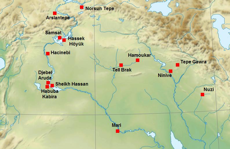 Map of the Uruk period archaeological sites in Upper Mesopotamia and Anatolia.