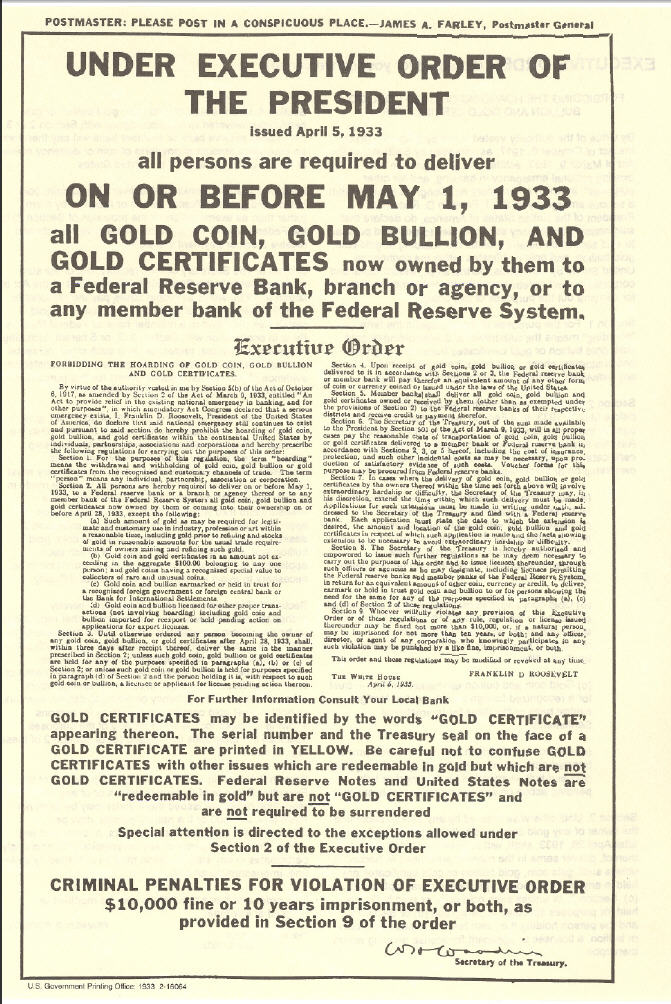 The 1933 public notice headed "Under Executive Order of the President", requiring all gold coin, bullion and certificates to be delivered to a Federal Reserve bank on or before 1 May 1933.