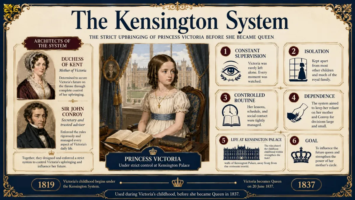 Infographic titled The Kensington System showing young Princess Victoria at Kensington Palace, with portraits of the Duchess of Kent and Sir John Conroy beside her. The graphic explains the strict rules of Victorias childhood, including constant supervision, isolation, controlled routines, and dependence before she became queen in 1837