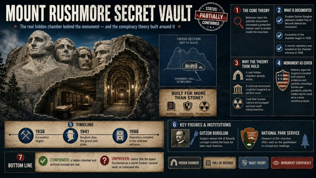 Mount Rushmore secret vault infographic showing a cutaway hidden chamber, Hall of Records timeline, and partially confirmed conspiracy theory details.