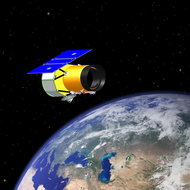 An artist’s rendering of the WISE spacecraft, a cylindrical infrared telescope, in orbit above the Earth.