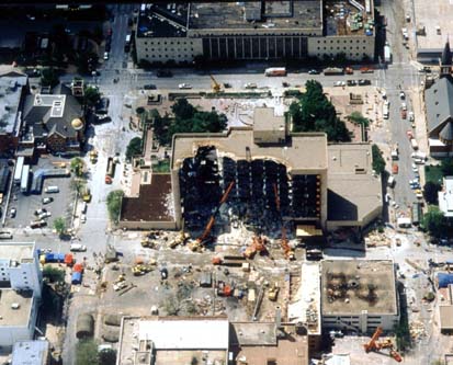 Aerial view of en:Alfred P. Murrah Federal Building after bombing, 1995