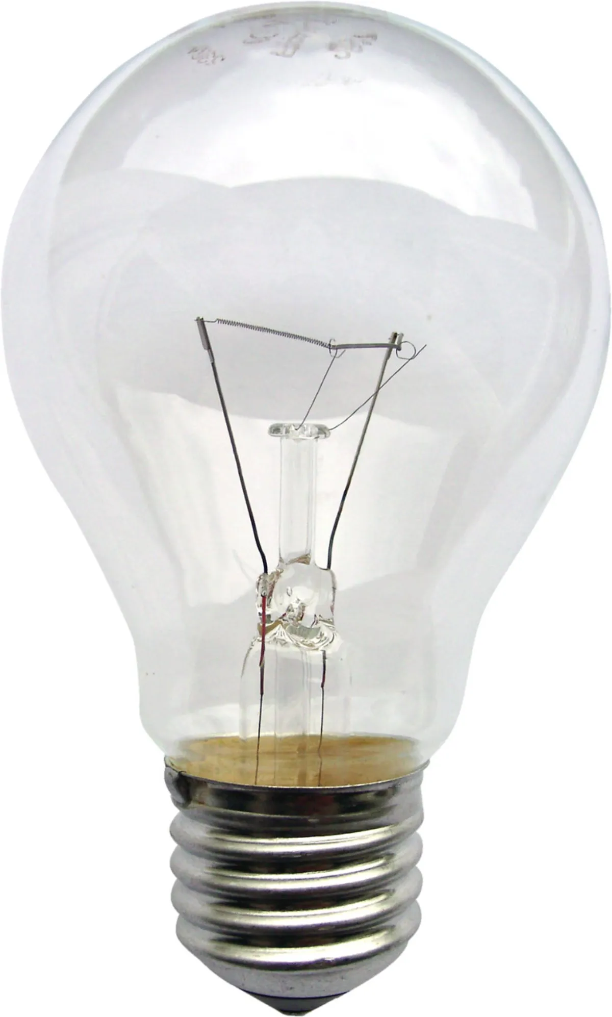 A clear incandescent light bulb with a coiled tungsten filament and a screw cap.