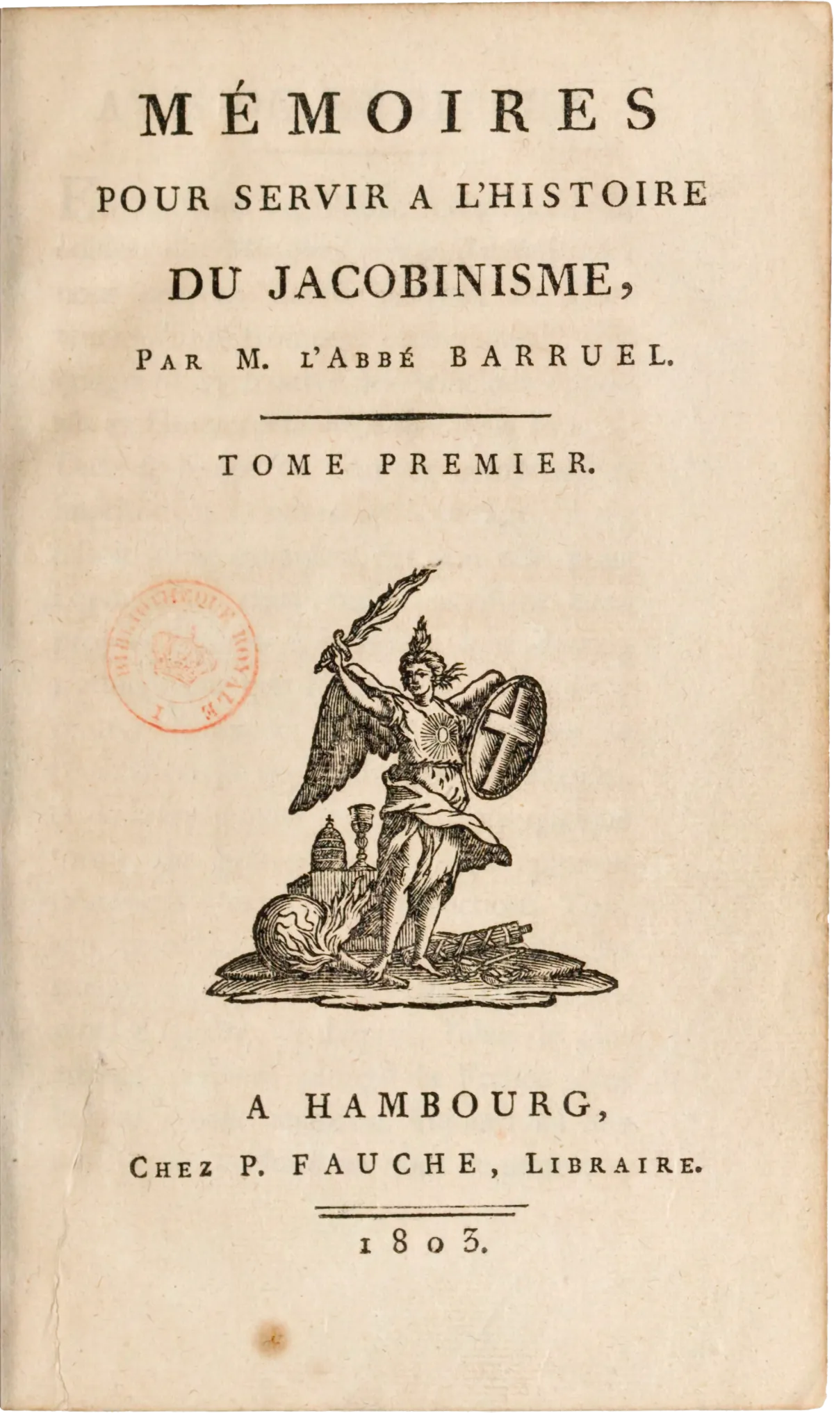 Title page of the 1803 edition of Augustin Barruel's Mémoires pour servir à l'histoire du jacobinisme.