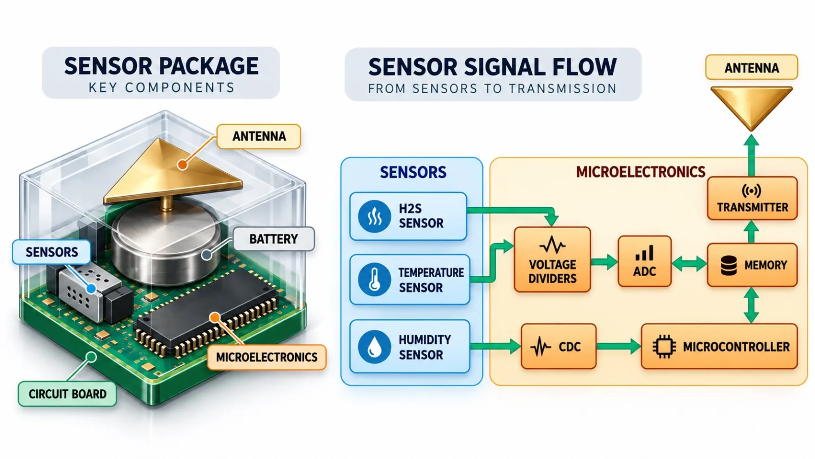 Two-panel diagram. On the left, a cutaway of a cubic sensor package showing a pyramidal antenna above a disc battery, a small sensor block and a microelectronics chip mounted on a green circuit board. On the right, a signal-flow chart in which an H2S sensor, a temperature sensor and a humidity sensor feed voltage dividers and a capacitance-to-digital converter, then an analog-to-digital converter, memory and a microcontroller, and finally a transmitter and antenna.