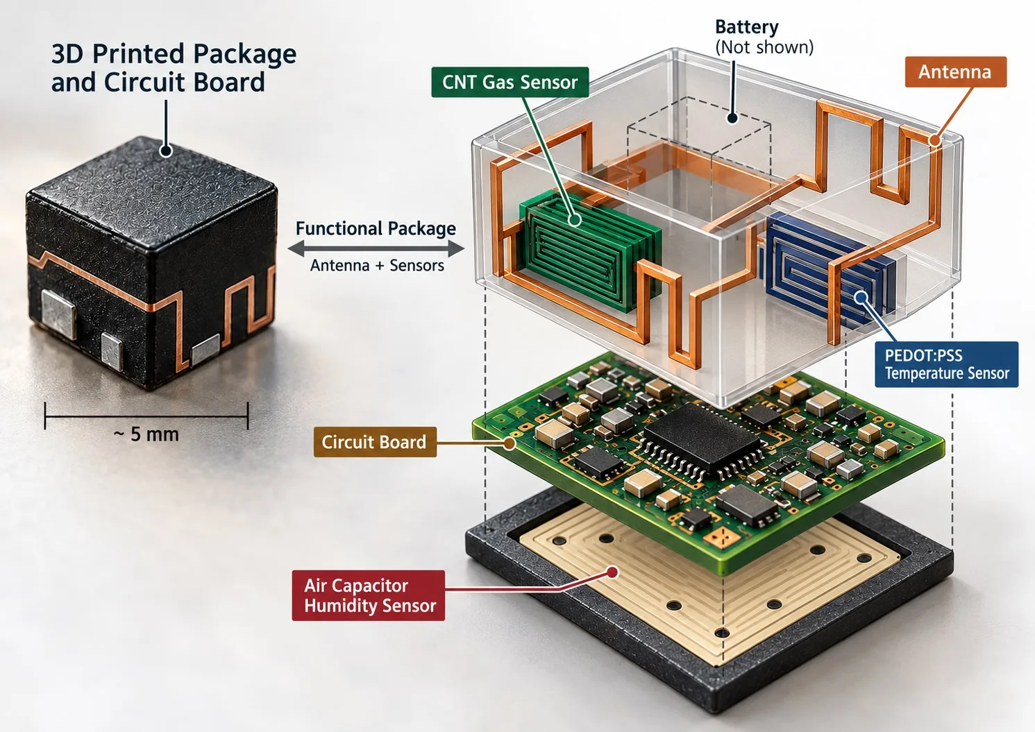 Exploded view of a 3D-printed sensor cube. At left the assembled black package with copper antenna traces running over its faces. At right the same package separated into layers: a transparent housing carrying a CNT gas sensor, a PEDOT:PSS temperature sensor, copper antenna traces and a space for the battery; below it a populated green circuit board; and beneath that a base holding an air-capacitor humidity sensor.
