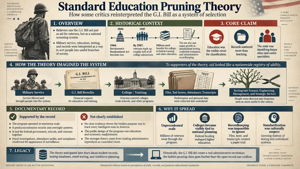 G.I. Bill Standard Education Pruning Theory Explained Infographic explaining the Standard Education Pruning Theory, which interprets the G.I. Bill as a postwar system for education, recordkeeping, testing, and talent classification.