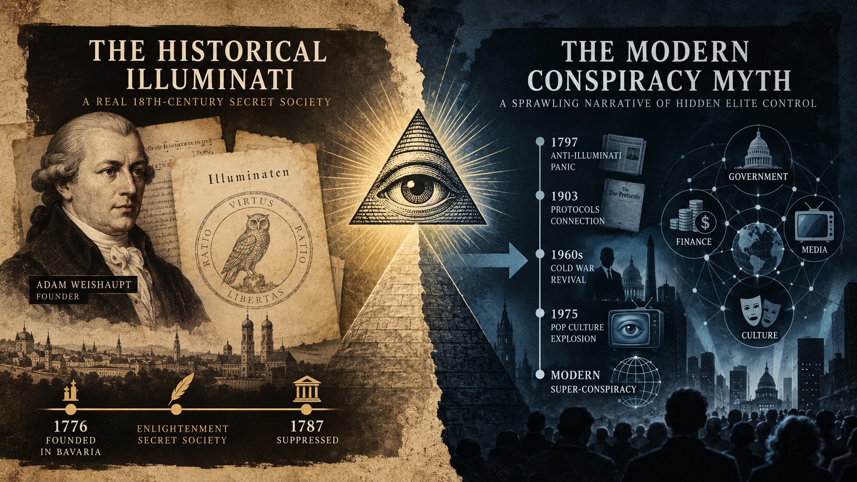 History of the Illuminati from its founding in Bavaria in 1776 to modern conspiracy theories involving government, finance, media, and global influence.