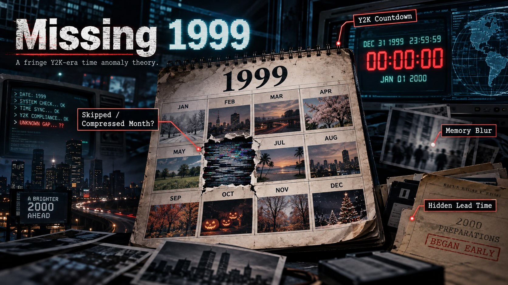 Missing 1999 conspiracy theory infographic showing a glitched calendar with an erased month, Y2K countdown clock, memory manipulation, and alleged hidden preparations for the year 2000.