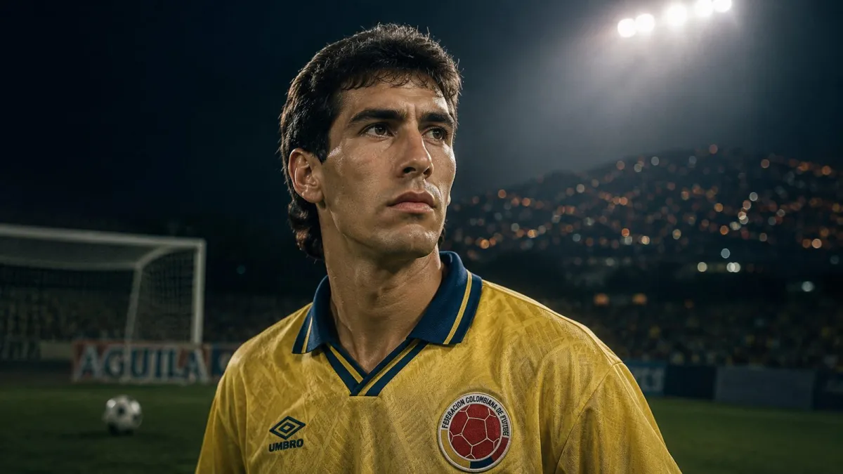 Andrés Escobar in a yellow Colombia jersey stands under stadium lights with a serious expression, evoking the tragedy that followed the 1994 World Cup.